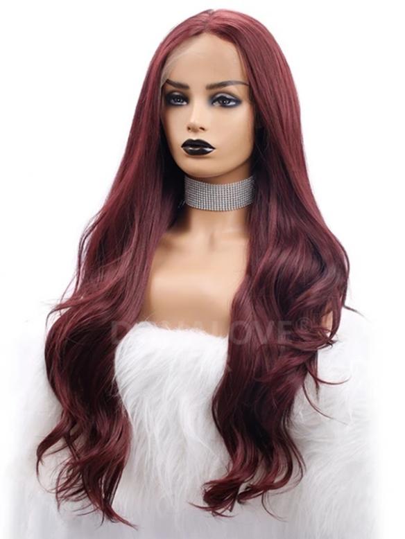 DARK RED LONG WAVY SYNTHETIC LACE FRONT WIG SNY269