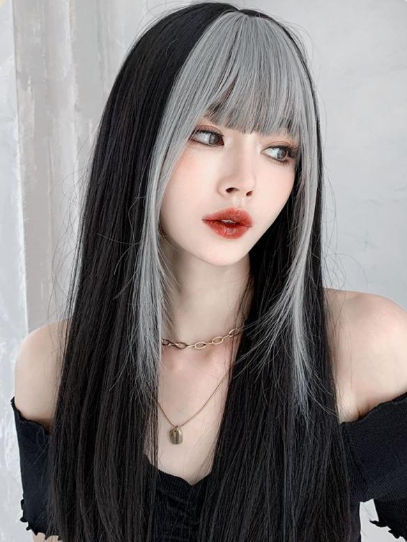 GORGEOUS WHITE BLACK LONG STRAIGHT SYNTHETIC WEFTED CAP WIG LG815