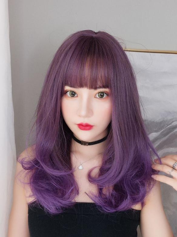2019 New Purple Ombre Long Straight Synthetic Wefted Cap Wig LG033