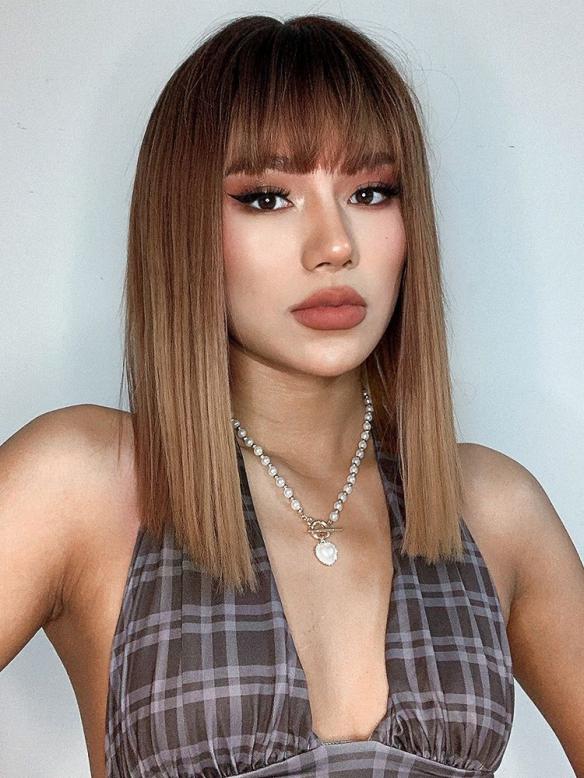 Ombre Brown Golden Short Straight Bobo Synthetic Wigs with Bangs LG912