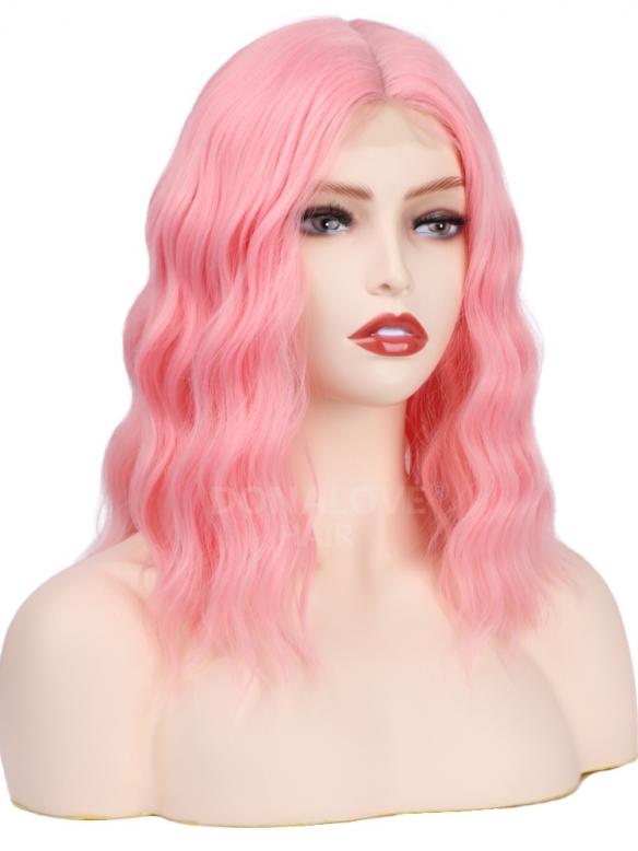 PINK SHOULDER LENGTH WAVY MIDDLE PART LACE WIG MPL006