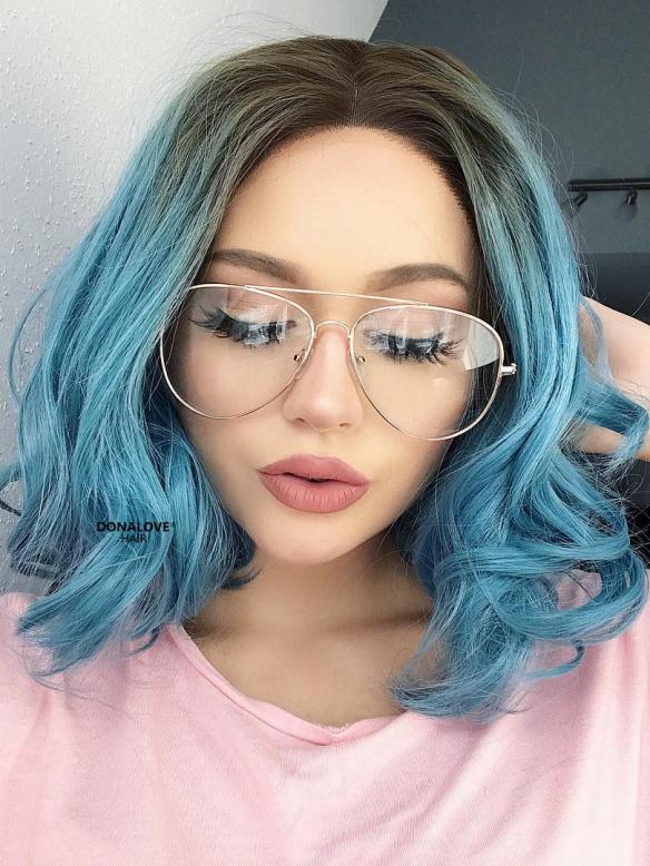 Teal Blue Wavy Bob Lace Front Synthetic Wig SNY098