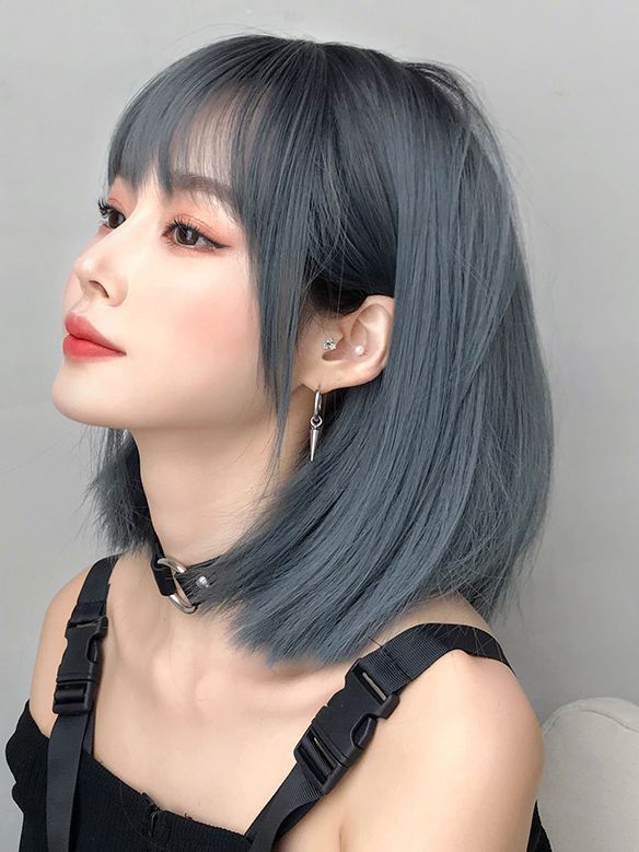 GRAY BLUE SHORT BOB SYNTHETIC WEFTED CAP WIG LG769