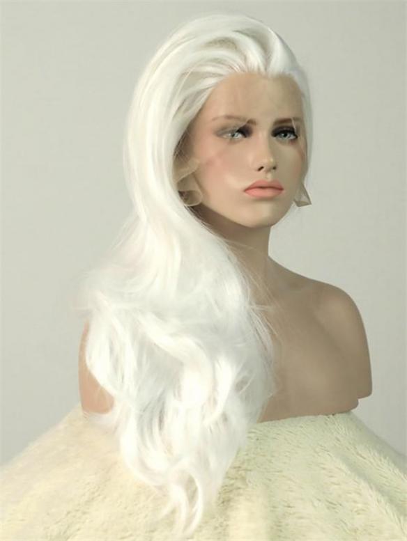White Wavy Waist-Length Lace Front Synthetic Wig-DQ013