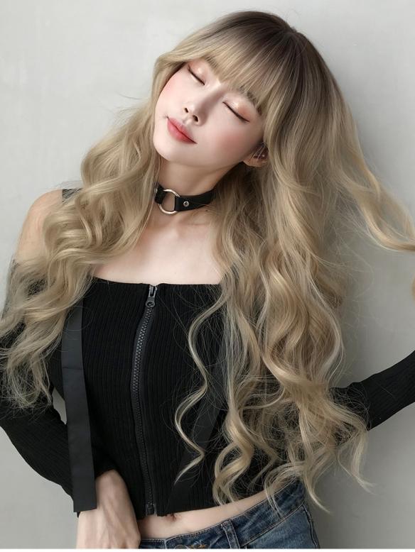 NEW WHITE BROWN LONG WAVY SYNTHETIC WEFTED CAP WIG LG056