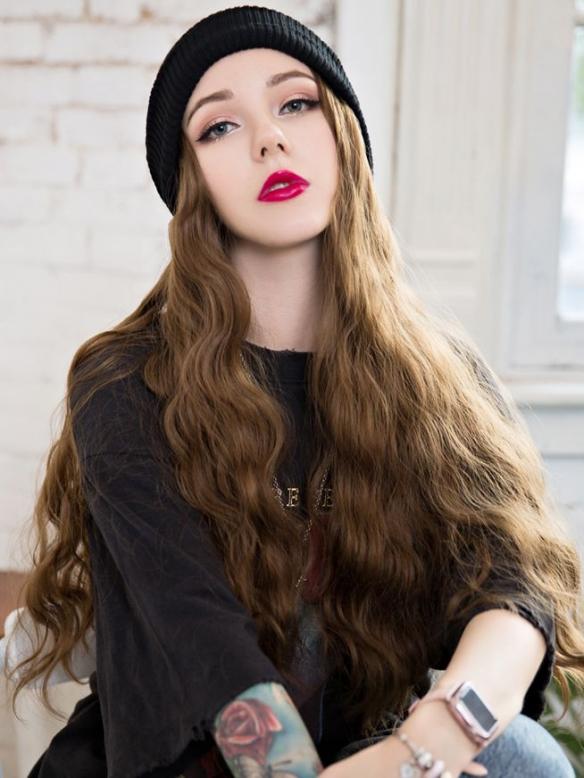 #WIGWITHHAT Black Beanie Hat WITH BROWN SYNTHETIC HAIR, HAT WIG WB011