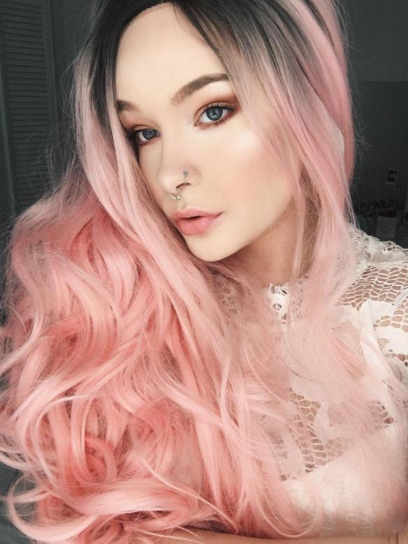 Black to Pink Bouncy wavy Long Synthetic Lace Front Wig SNY104