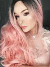 Black to Pink Bouncy wavy Long Synthetic Lace Front Wig SNY104