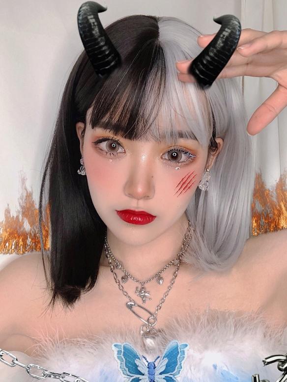 HALF BLACK AND HALF GREY SHORT STRAIGHT SYNTHETIC WEFTED CAP WIG LG295