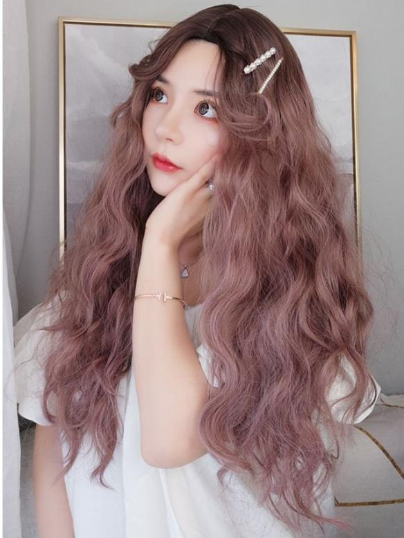 2019 New Powder Brown Long Wavy Wefted Synthetic Wig LG032