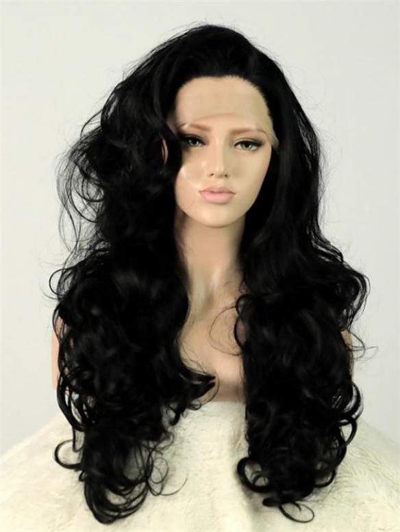 Black Wavy Long Lace Front Synthetic Wig-DQ021