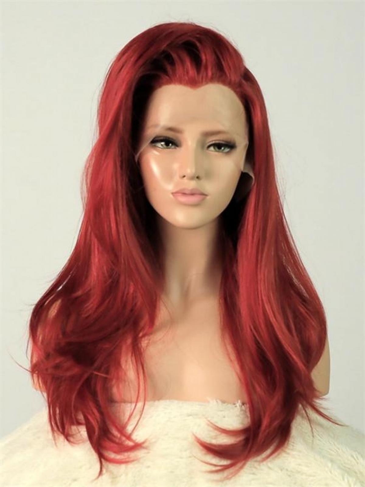 Hot Red Straight Waist Length Lace Front Synthetic Wig Dq017