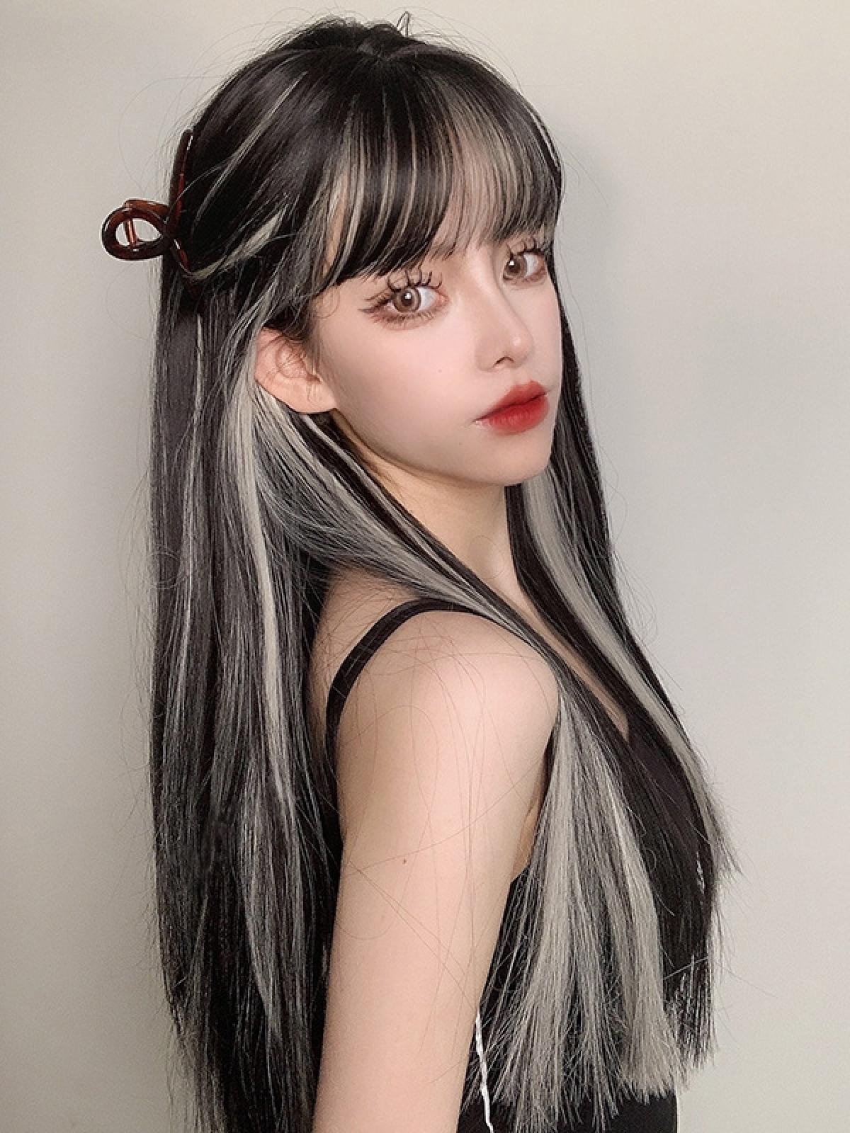 Black and White Long Straight Gradient Wig YV476002