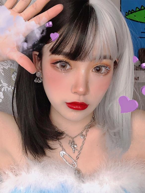 HALF BLACK AND HALF GREY SHORT STRAIGHT SYNTHETIC WEFTED CAP WIG LG295