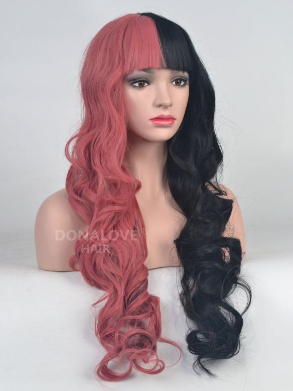 Half Pink half black rainbow Wavy Synthetic Lace Front Wig SNY088