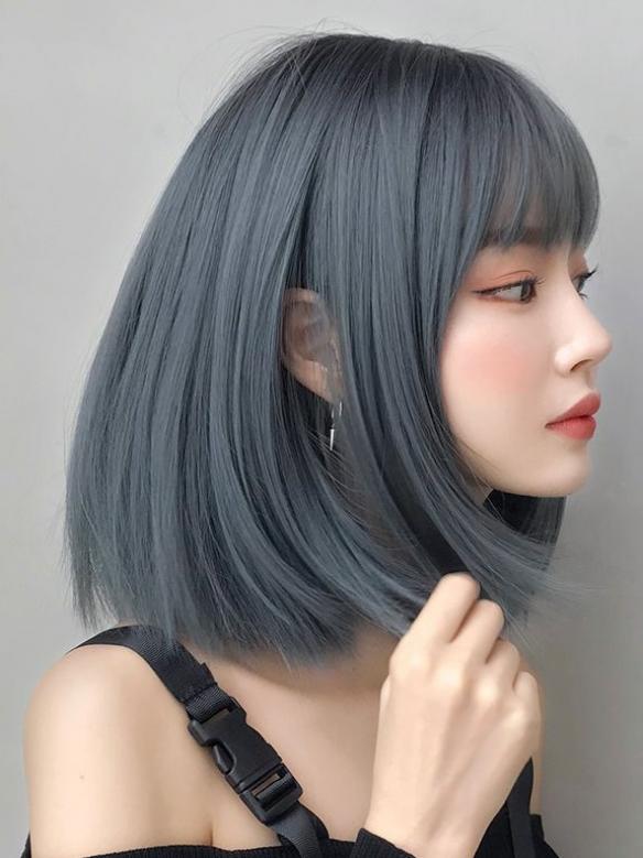 GRAY BLUE SHORT BOB SYNTHETIC WEFTED CAP WIG LG769