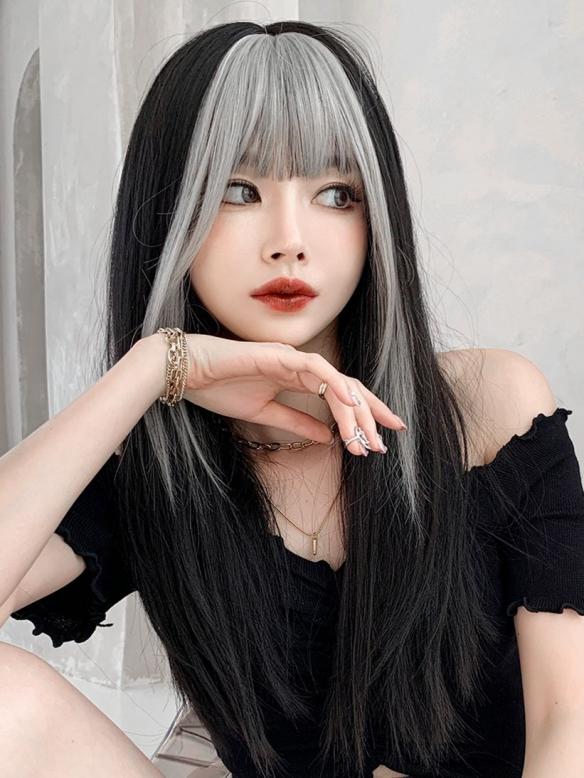 GORGEOUS WHITE BLACK LONG STRAIGHT SYNTHETIC WEFTED CAP WIG LG815