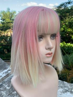 Pink Yellow Short Bob Wefted Synthetic Wig LG929