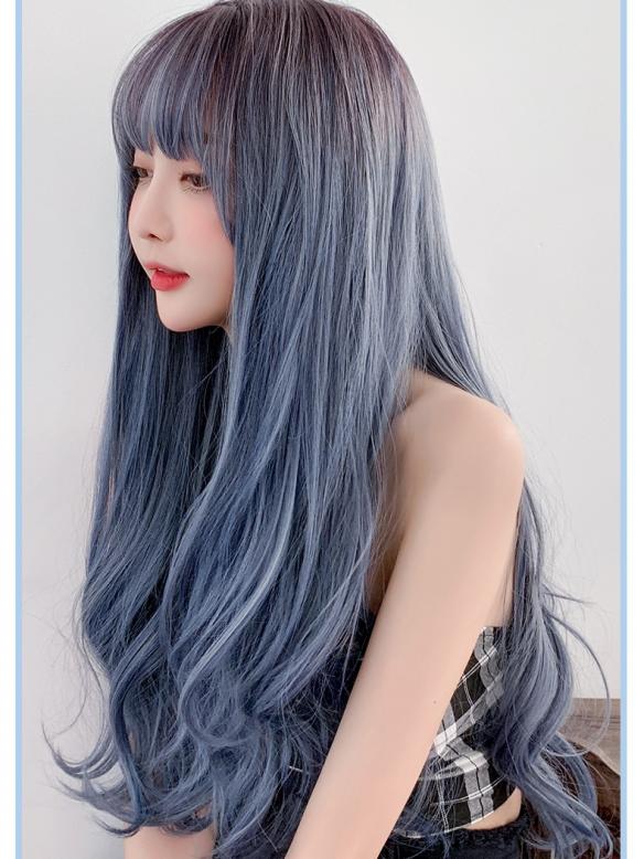 2019 New Haze Blue Long Wavy Wefted Synthetic Wig LG035