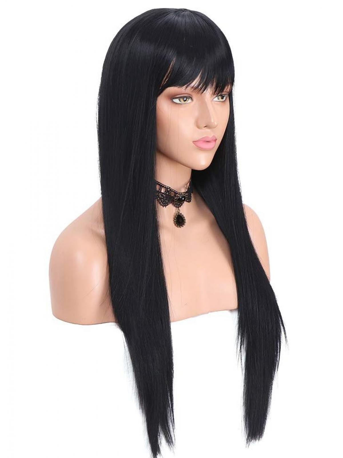 Black Straight Waist Length Synthetic Wefted Cap Wig Ww024