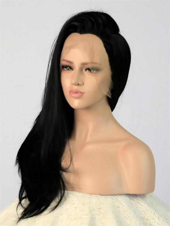 Jet Black Straight Waist-length Lace Front Synthetic Wig-DQ004