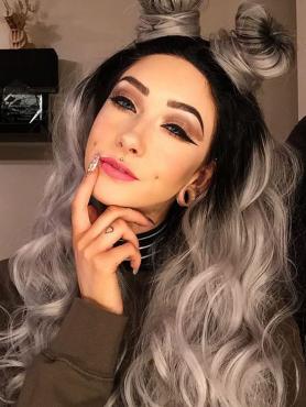 Black to Grey Ombre Wavy Synthetic Lace Front Wig-SNY036