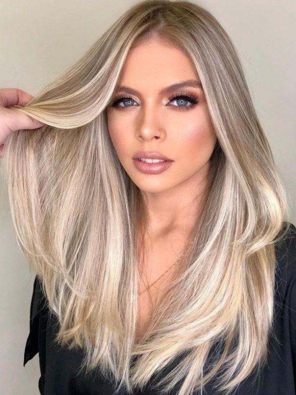 Ash Blonde Balayage Long Sleek Straight Human Hair Wig HH202