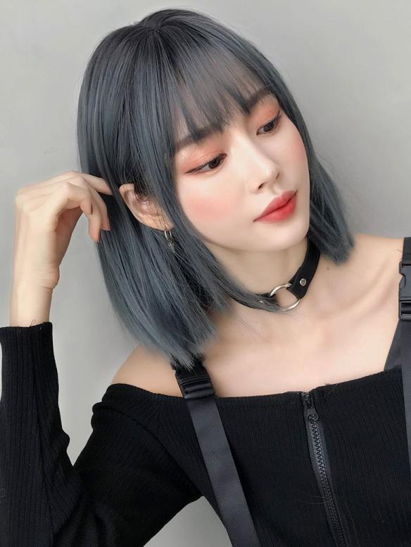 GRAY BLUE SHORT BOB SYNTHETIC WEFTED CAP WIG LG769