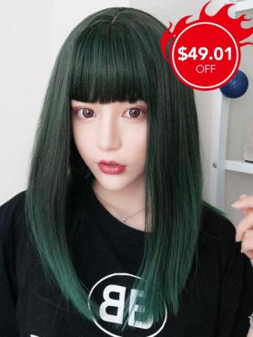 New Forest Green Straight Synthetic Wefted Cap Wig with Bangs LG006