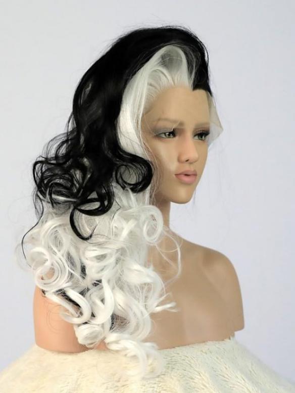 Half Black Half White Wavy Long Lace Front Synthetic Wig-DQ026