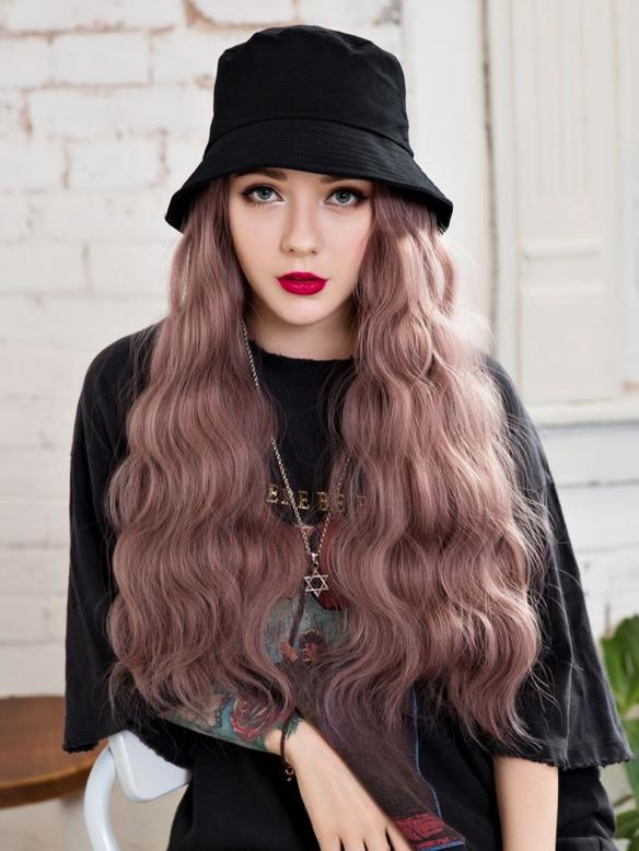 1.#wigwithhat Black Bucket Hat With Synthetic Hair, Hat Wig WB004