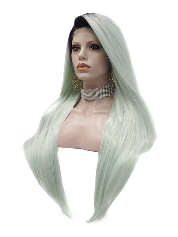 Black to Light Green Long Straight Synthetic Lace Front Wig SNY319