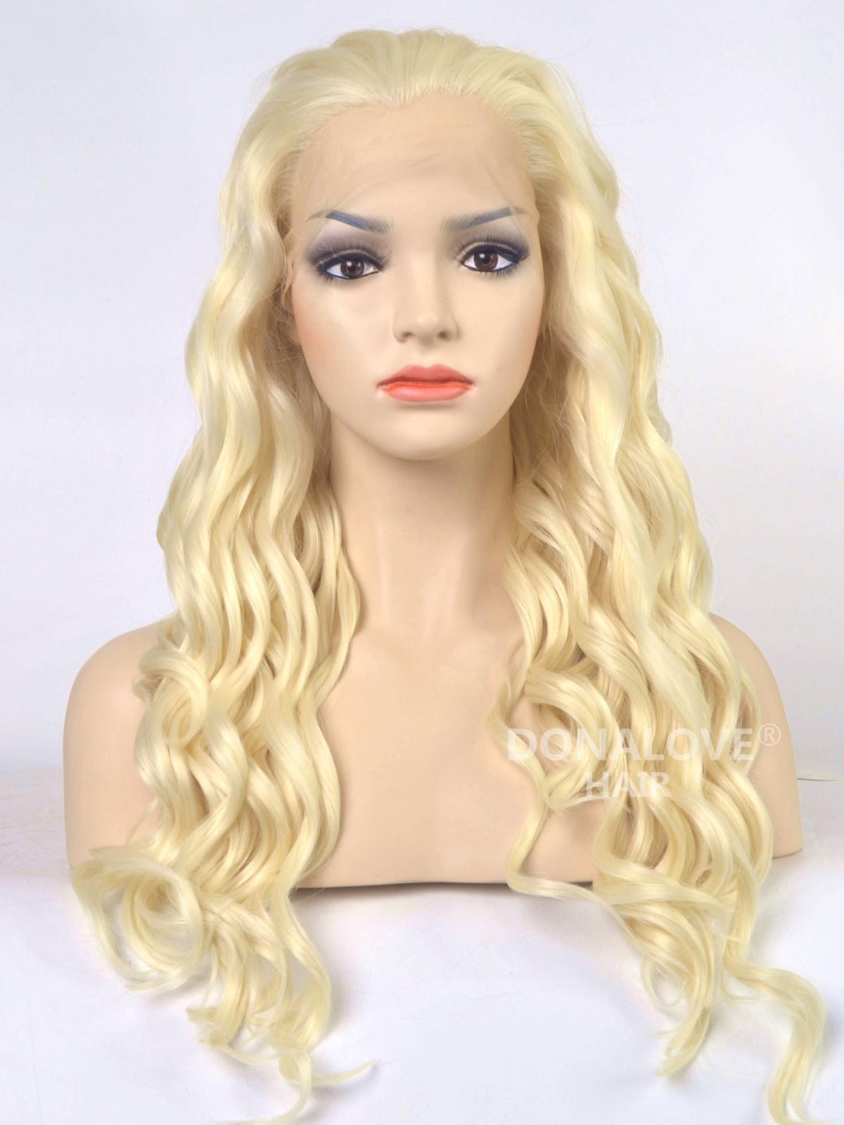 Light Blonde Shade Waist Length Wavy Synthetic Lace Front Wig