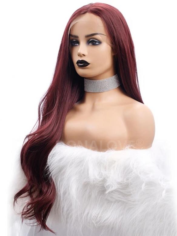 DARK RED LONG WAVY SYNTHETIC LACE FRONT WIG SNY269