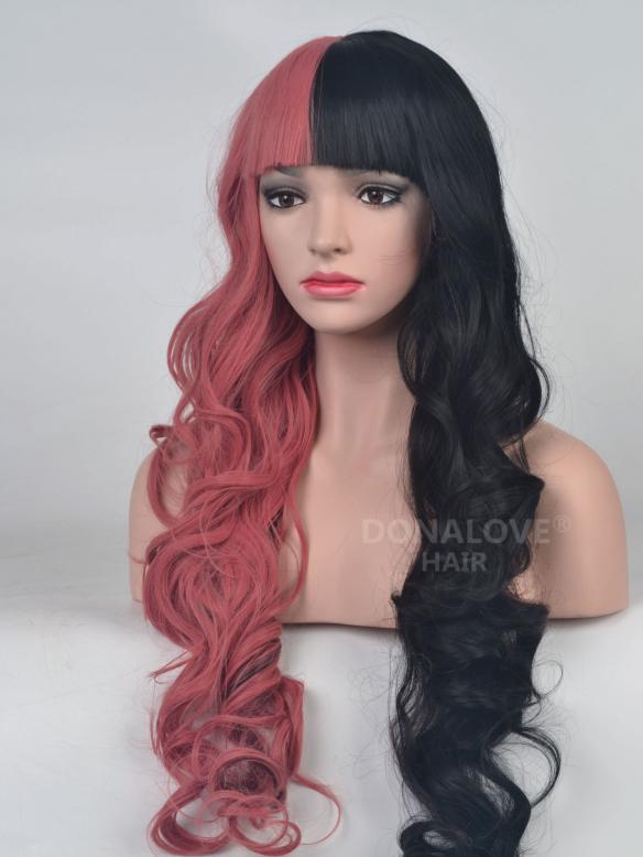 Half Pink half black rainbow Wavy Synthetic Lace Front Wig SNY088