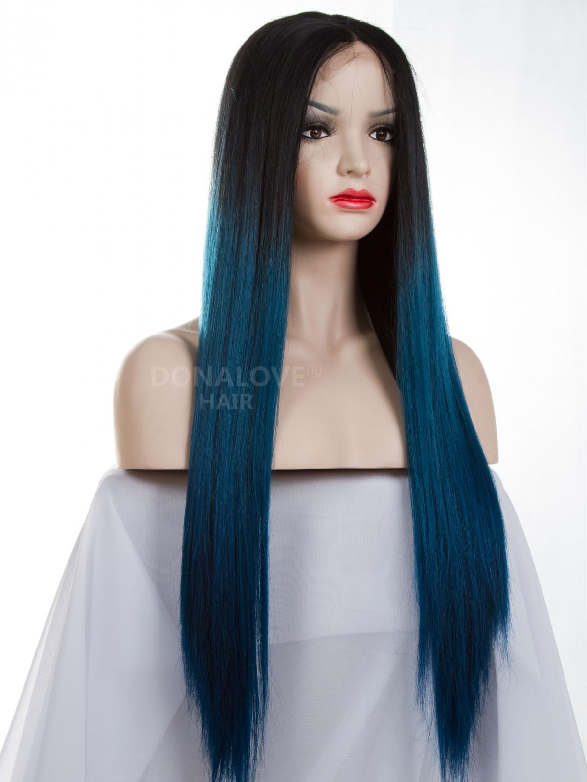 Long Light Sky Blue Ombre Straight Synthetic Lace Front Wig