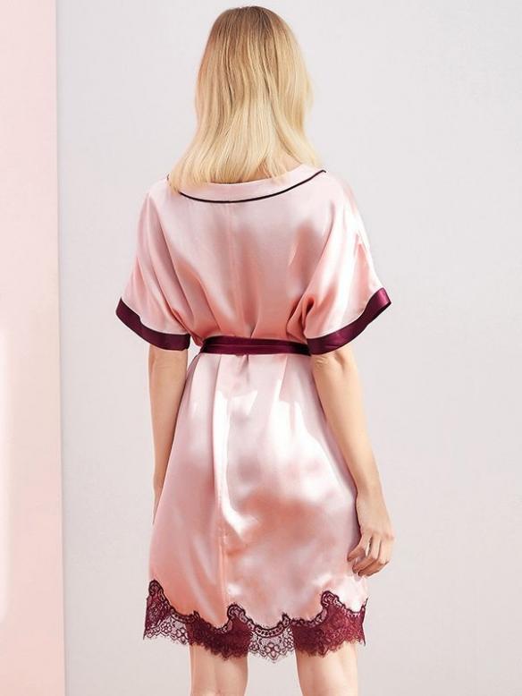 MelliBlossy Women 100% Silk Short Sleeve V-neck Nightgown with Belt MB005