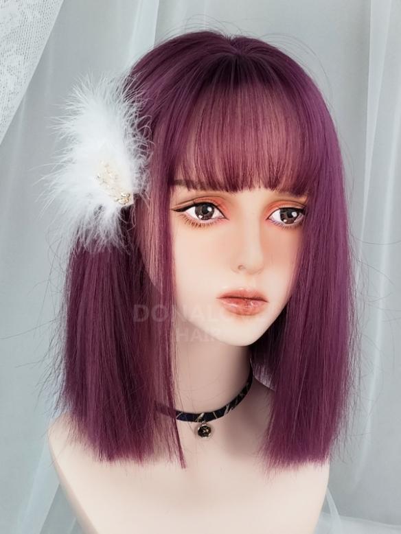 Purple Shoulder Length Straight Synthetic Wefted Cap Wig LG328