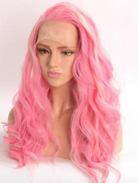 Pink Wavy mid back length Lace Front Synthetic Wig-DQ031