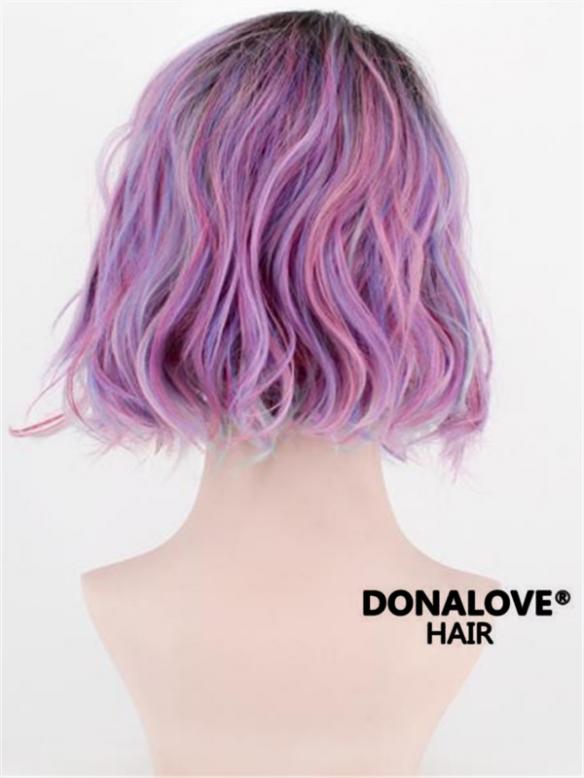 New arrive Black to Lavender Purple Mixed Pink Wavy Lob Synthetic Wefted Cap Wig WW005
