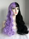 Half Purple and Half Black With Bangs Wavy Synthetic Wefted Cap Wig LG022