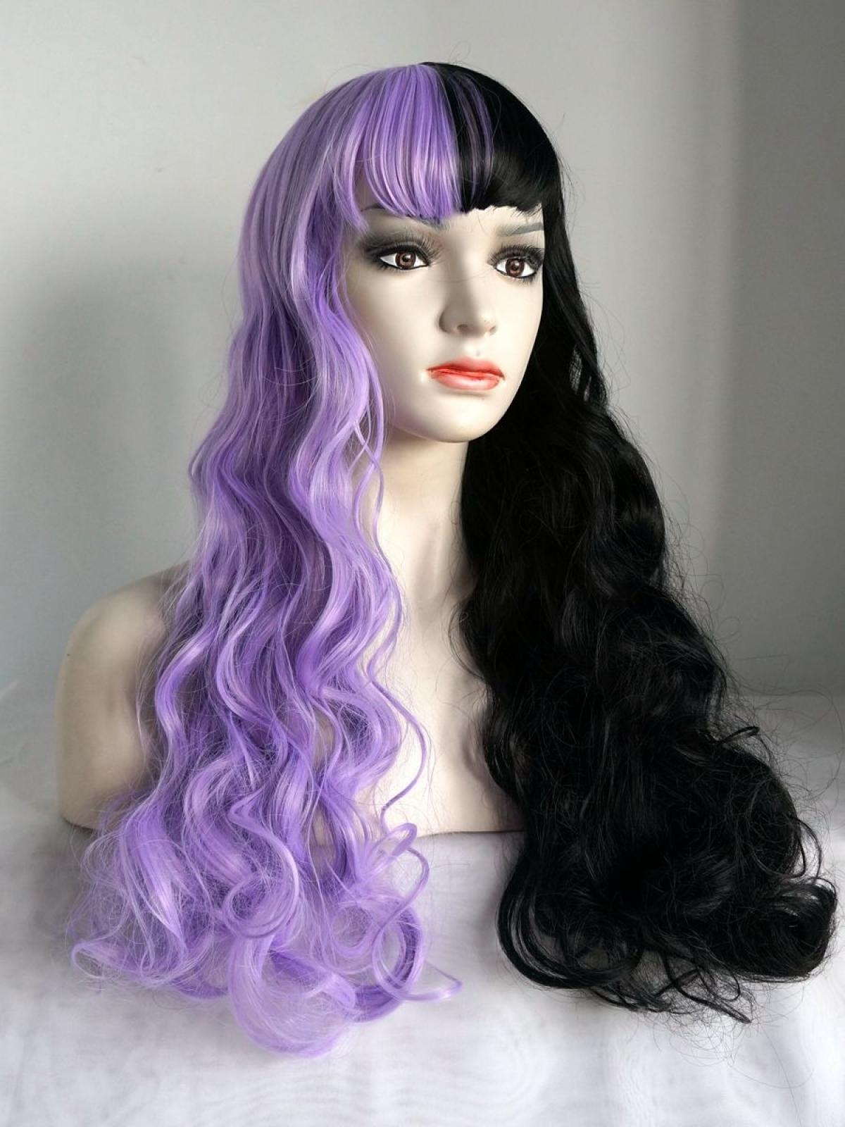 Half Purple And Half Black With Bangs Wavy Synthetic Wefted Cap