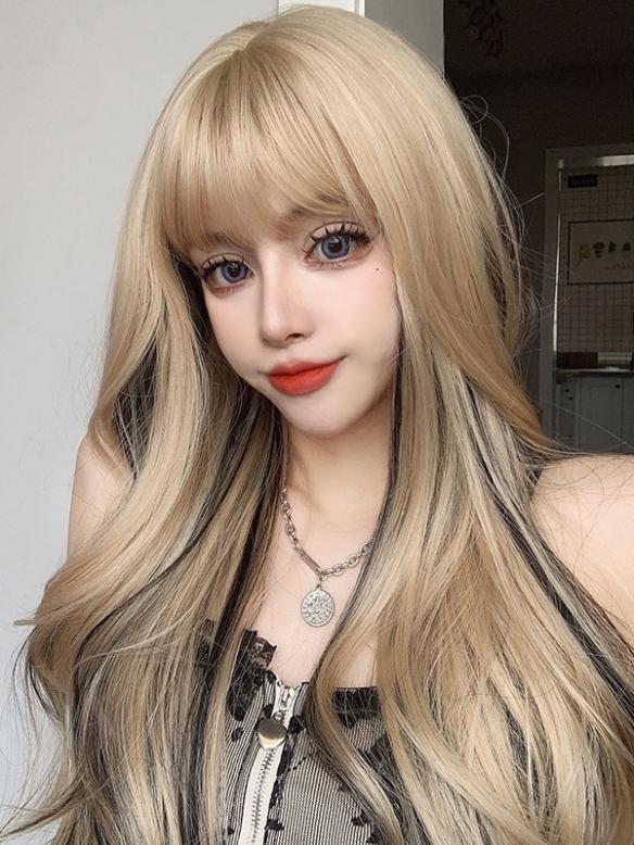 Cream Blonde Highlight Black Long Wavy Synthetic Wefted Cap Wig LG567 ...