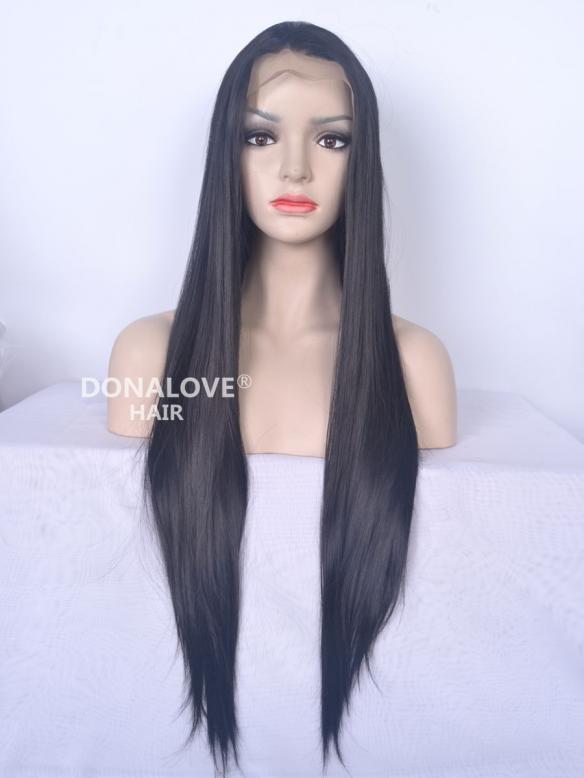 Jet Black Waist Length Straight Synthetic Lace Wig Sny015