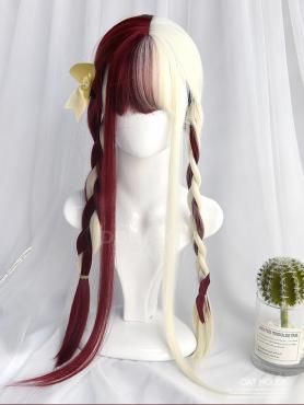 Half White and Half Red Long Straight Synthetic Wefted Cap Wig LG693