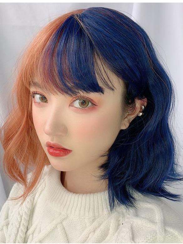 New Half Blue and Half Orange Bob Wavy Synthetic Wefted Cap Wig LG031