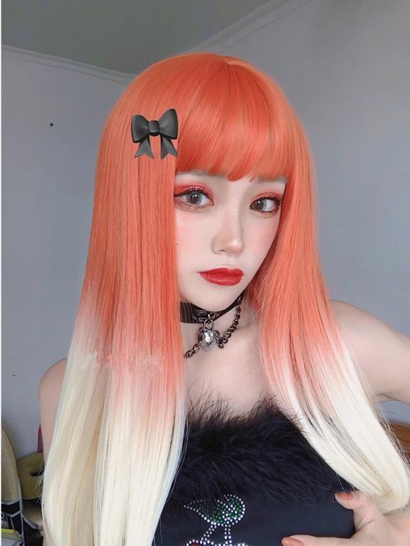 ORANGE TO BLONDE LONG STRAIGHT SYNTHETIC WEFTED CAP WIG LG276