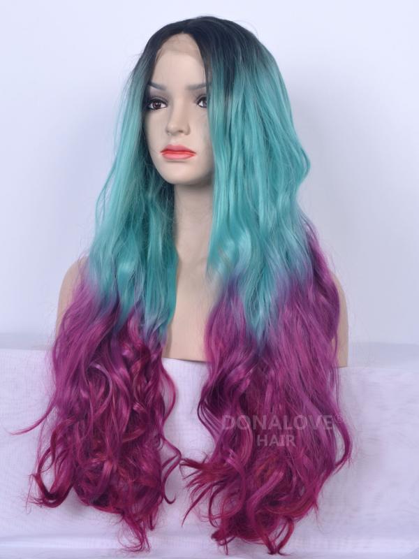 Light Green Ombre Purple Wavy Synthetic Lace Front Wig ...