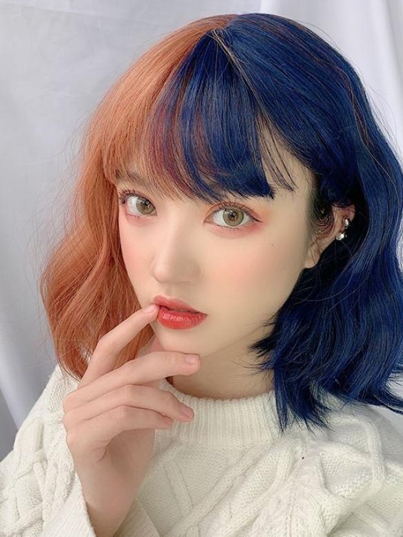 New Half Blue and Half Orange Bob Wavy Synthetic Wefted Cap Wig LG031
