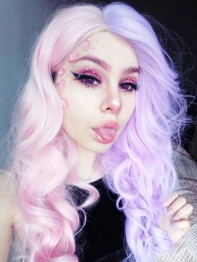 Half Pink and Half Lavender Color Wavy Synthetic Lace Front Wig-SNY075